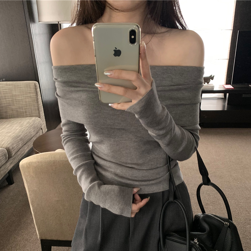 Pydshop Black Solid Off Shoulder Elegant Long Sleeve Tops Korean Fashion Slim Sexy Cropped T Shirt Women Autumn Y2k Clothing Skinny Top