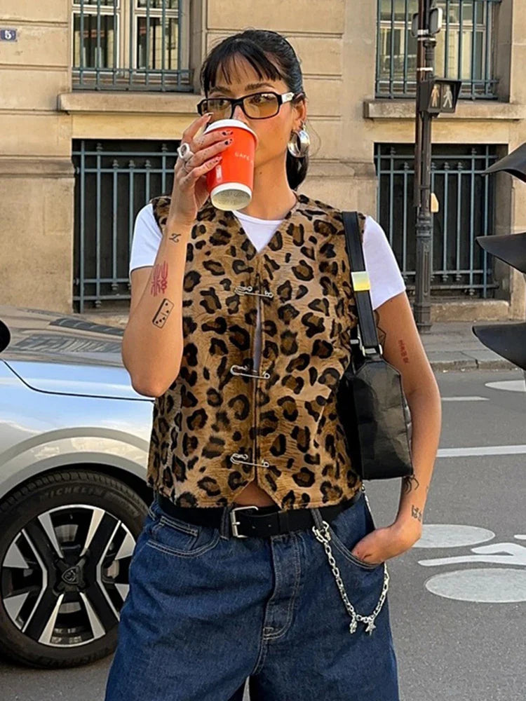 Pydshop Leopard Print Pin Vest For Women V-Neck Sleeveless Fashion Hot Girl Cardigan Top Female Autumn New Slim Fit Short VestChristmas Gifts