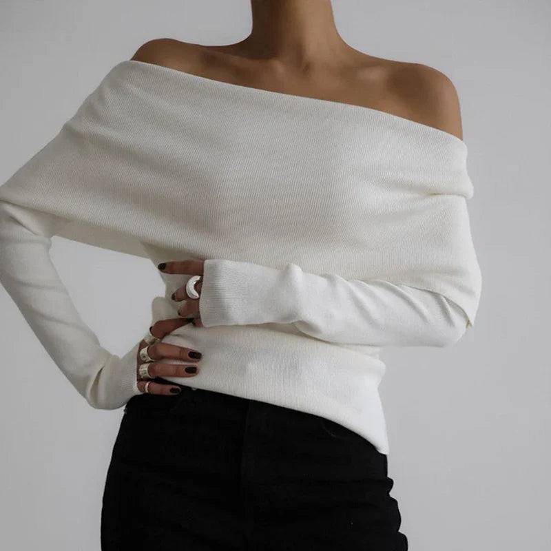 Pydshop Women's Sweater Pullovers Long Sleeve Knitted One-Shoulder Sexy Slim Top Solid Color Autumn Winter  Fashion CasualChristmas Gifts