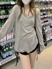 Pydshop Girls Solid Casual Long Sleeved T-shirt Women's Smock Tops Sexy Thin Transparent Tee Shirts Korean Loose T-shirt Streetwear