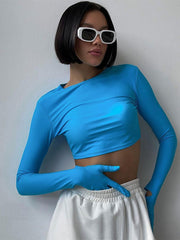Pydshop Gloves Splicing Crop Tops Women O Neck Slim Solid T Shirts Ladies Fashion Casual Bodycon Tees For Women's Clothing 2024Christmas Gifts