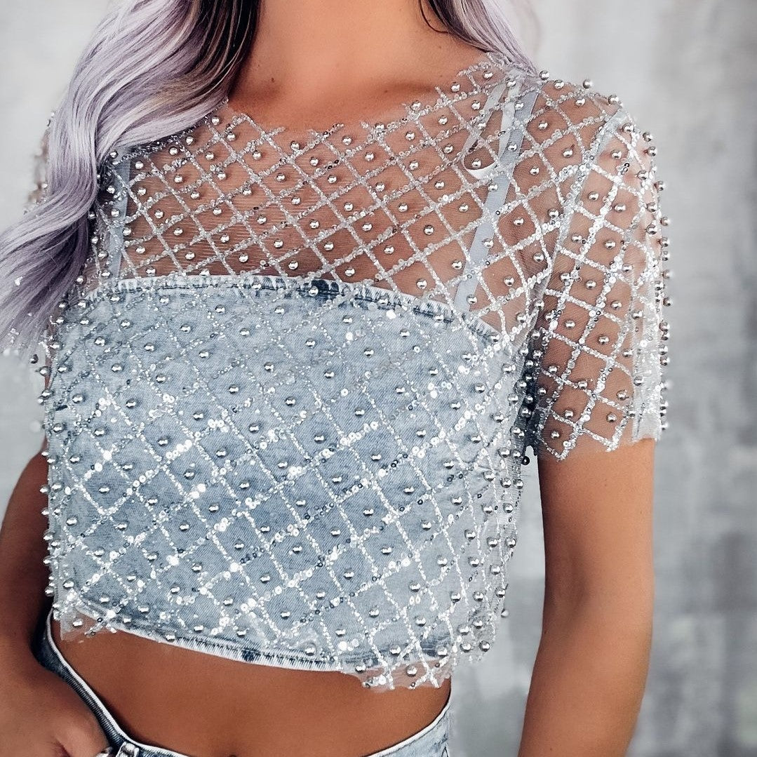 Pydshop Mesh Splice Sequins Cover-up Women Sexy See Through Short Sleeve Crop Tops Ladies 2024 Party Beach Shirts Cover Up FemmeChristmas Gifts