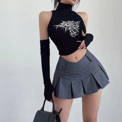 Pydshop Gothic Spider Print Tank Top for Women Summer Y2k Tops Black Oversleeve Sexy Turtleneck Slim Short Skinny Streetwear Crop Top