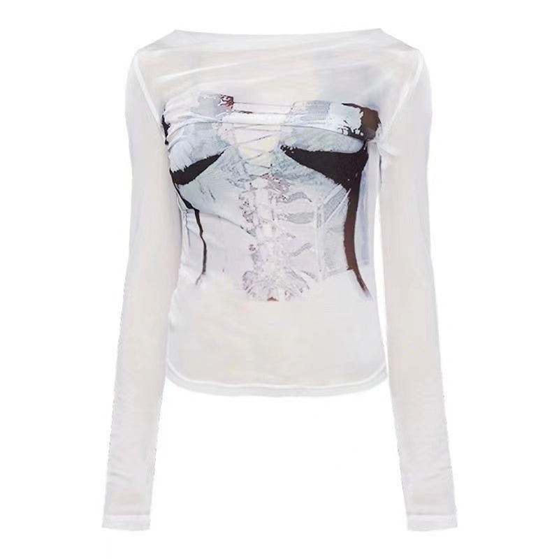 Pydshop Aesthetic Sexy Mesh Top Women Long sleeve T-shirt Summer Fairy Grunge Clothes Transparent Printing Streetwear Y2k Off Shoul Tops