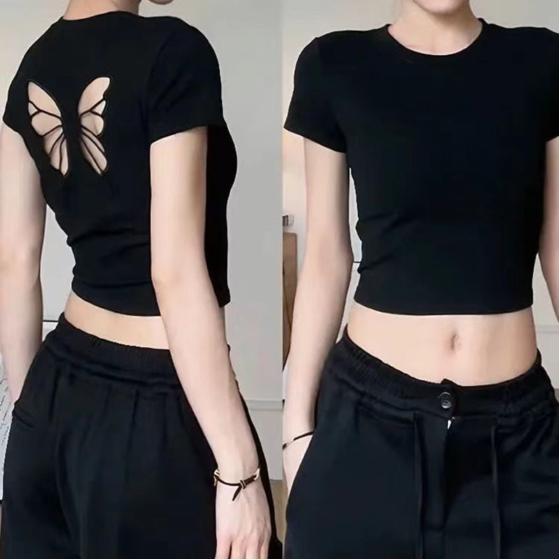 Pydshop Fashion Women T-shirt Short Sleeve O Neck Solid Slim Fit Ladies Crop Top Butterfly Hollow Backless for Casual Tops Summer 2024