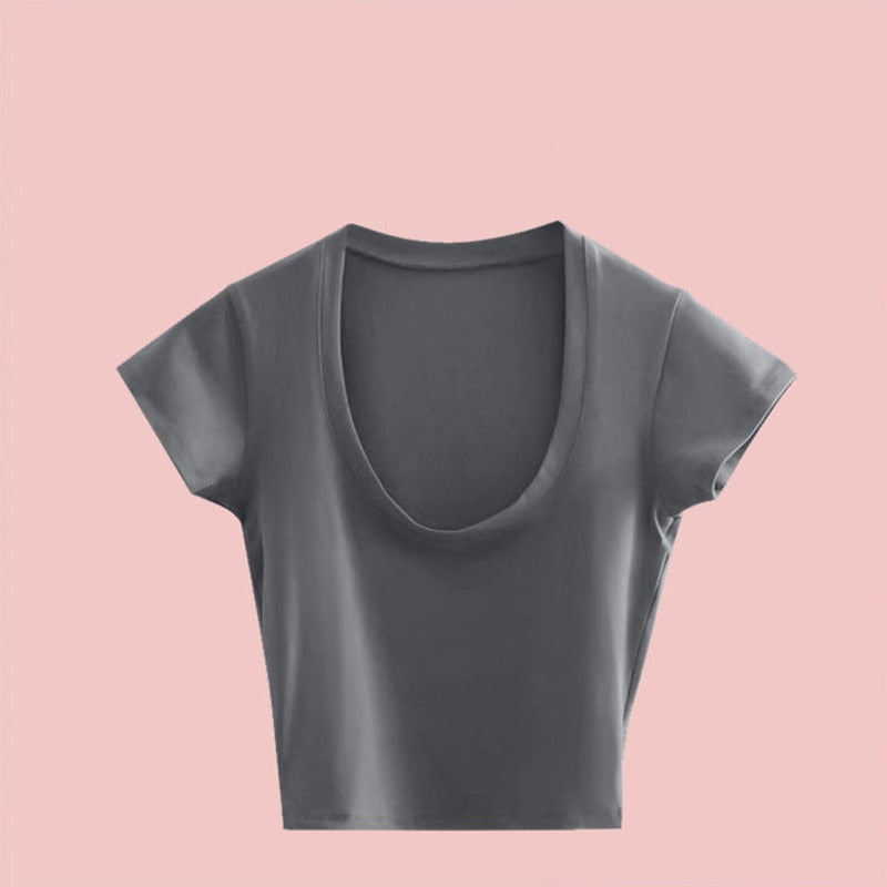 Pydshop 2024 Summer Slim T-Shirt Women Sexy Short Sleeve T Shirt U-Neck Gray Tee Female Solid Basic Black/White Korean Crop Tops Hot Y2k