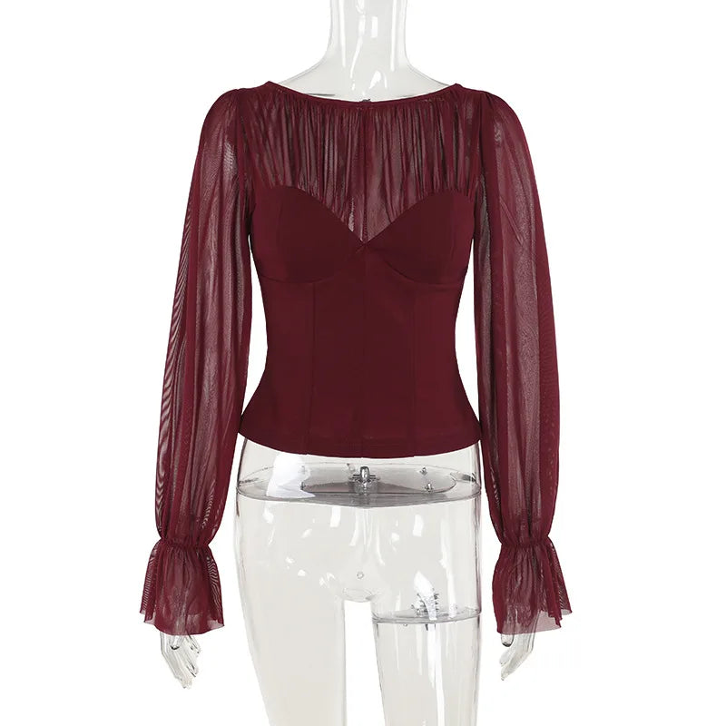 Pydshop Chiffon Lace Up Top Hot Girl New Sexy Mesh Patchwork Ruched T-shirt See Through Slim Pullovers Solid Fish Bones Slim TopChristmas Gifts