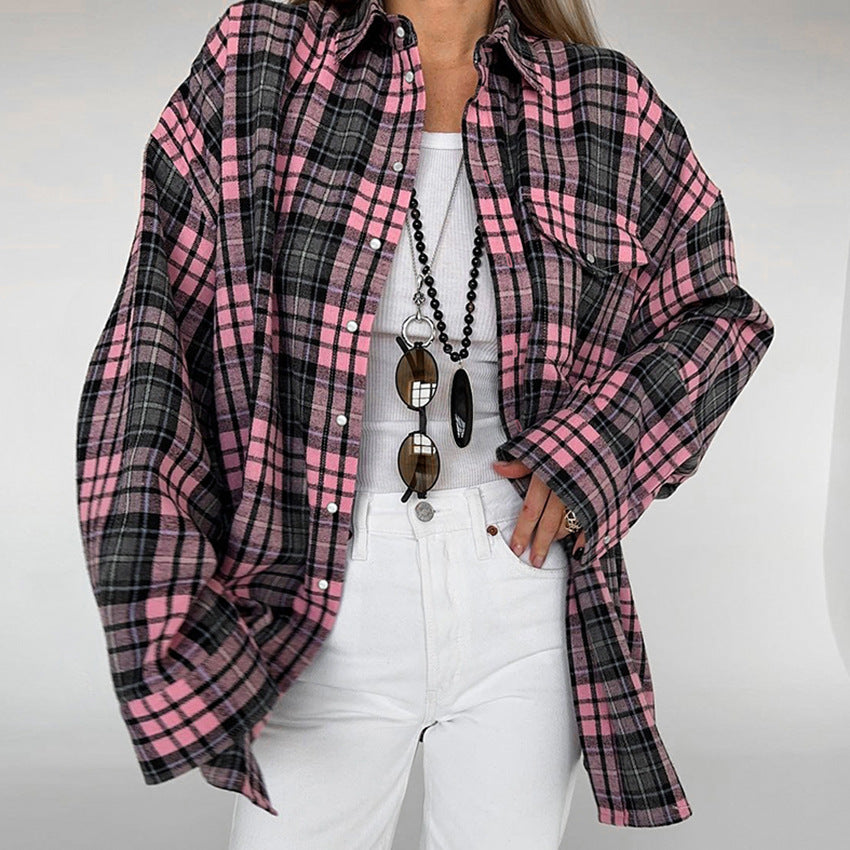 Pydshop Fashion Retro Lattice Loose Shirt For Women Single-Breasted Long Sleeves Contrast Color Top Cardigan Female Autumn NewChristmas Gifts