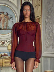 Pydshop Chiffon Lace Up Top Hot Girl New Sexy Mesh Patchwork Ruched T-shirt See Through Slim Pullovers Solid Fish Bones Slim TopChristmas Gifts