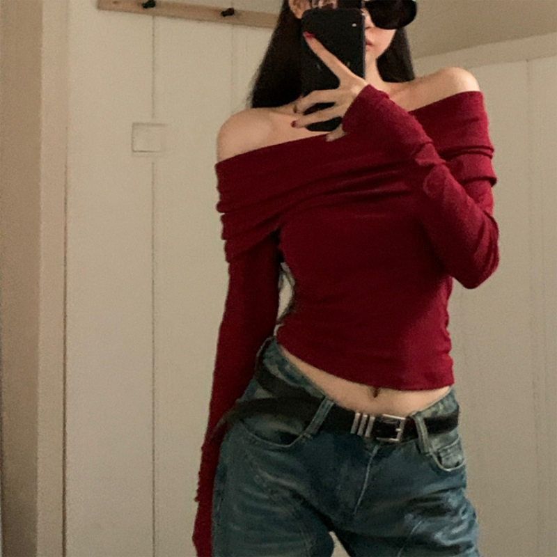 Pydshop Chic Women Sexy Off Shoulder T-shirt Winter Long Sleeve Slim Fit Crop Top Y2K Vintage Harajuku Black Tees Elegant Female Clothes