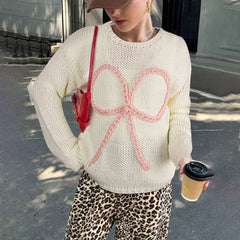 Pydshop Bows Long Sleeve Knitted Sweater For Women Casual Loose O Neck Crochet Pullovers Winter New Female Splice Sweater Top