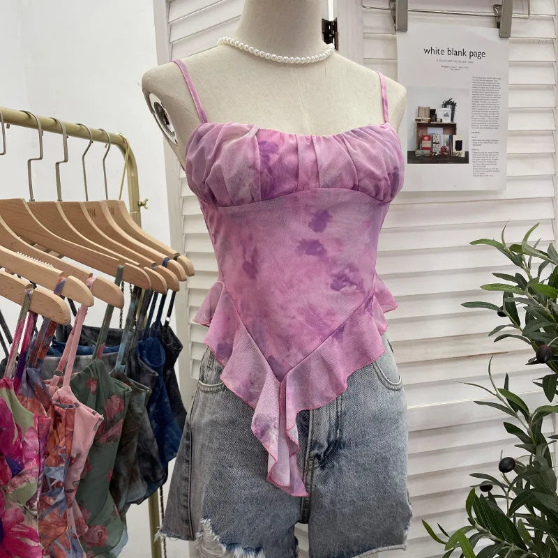 Pydshop 2024 New Ladies Hot Girl Tube Top Irregular Camisole Slim Fit Printed Mesh Sleeveless Top Ruffled Vest Party Leisure Essential