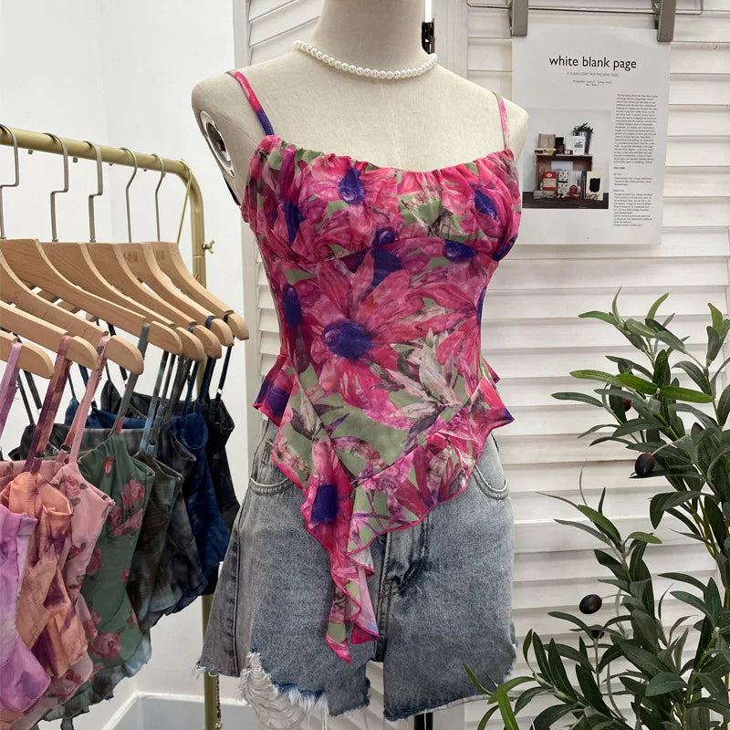 Pydshop 2024 New Ladies Hot Girl Tube Top Irregular Camisole Slim Fit Printed Mesh Sleeveless Top Ruffled Vest Party Leisure Essential