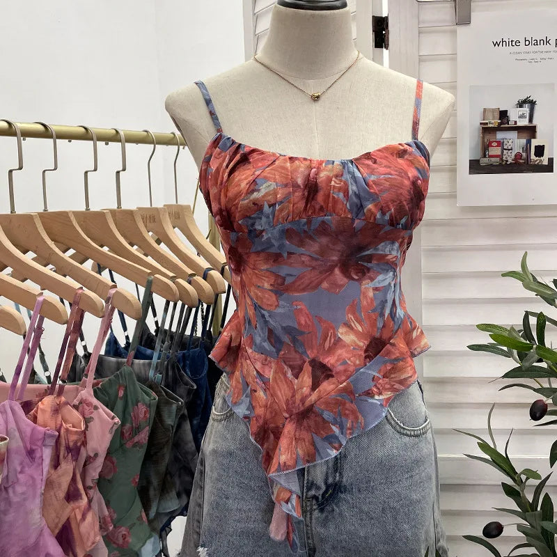 Pydshop 2024 New Ladies Hot Girl Tube Top Irregular Camisole Slim Fit Printed Mesh Sleeveless Top Ruffled Vest Party Leisure Essential