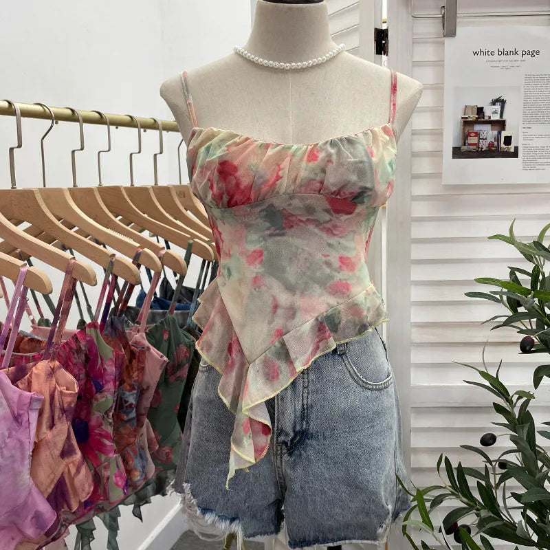 Pydshop 2024 New Ladies Hot Girl Tube Top Irregular Camisole Slim Fit Printed Mesh Sleeveless Top Ruffled Vest Party Leisure Essential