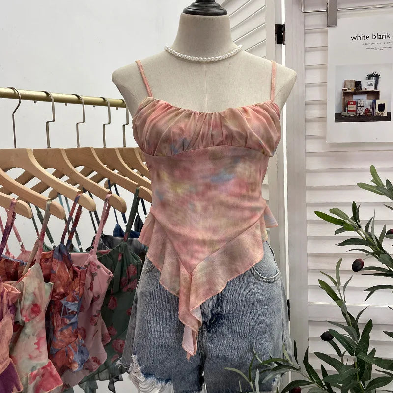 Pydshop 2024 New Ladies Hot Girl Tube Top Irregular Camisole Slim Fit Printed Mesh Sleeveless Top Ruffled Vest Party Leisure Essential