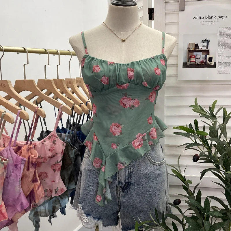 Pydshop 2024 New Ladies Hot Girl Tube Top Irregular Camisole Slim Fit Printed Mesh Sleeveless Top Ruffled Vest Party Leisure Essential