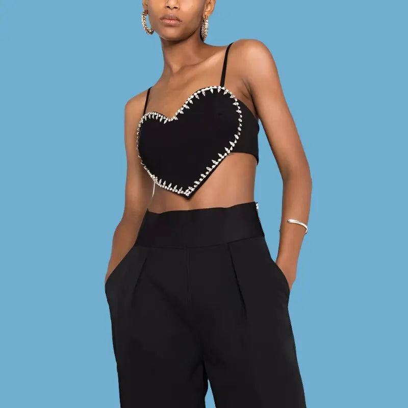 Pydshop Black Crystal Trim Heart-shaped Camisole Top
