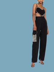 Pydshop Black Crystal Trim Heart-shaped Camisole Top