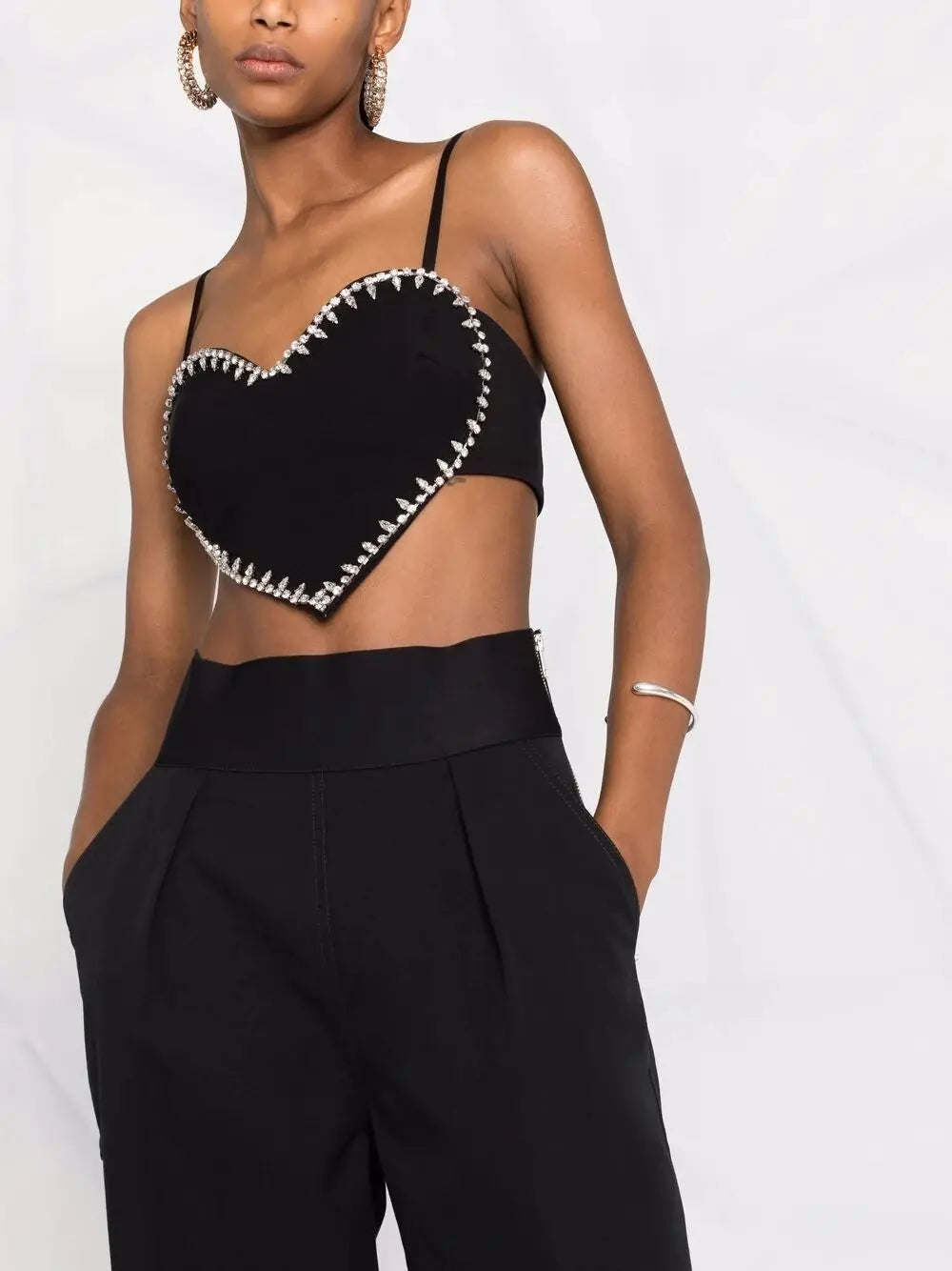Pydshop Black Crystal Trim Heart-shaped Camisole Top