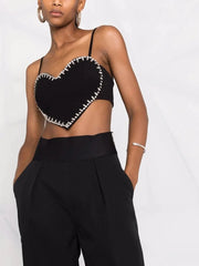 Pydshop Black Crystal Trim Heart-shaped Camisole Top