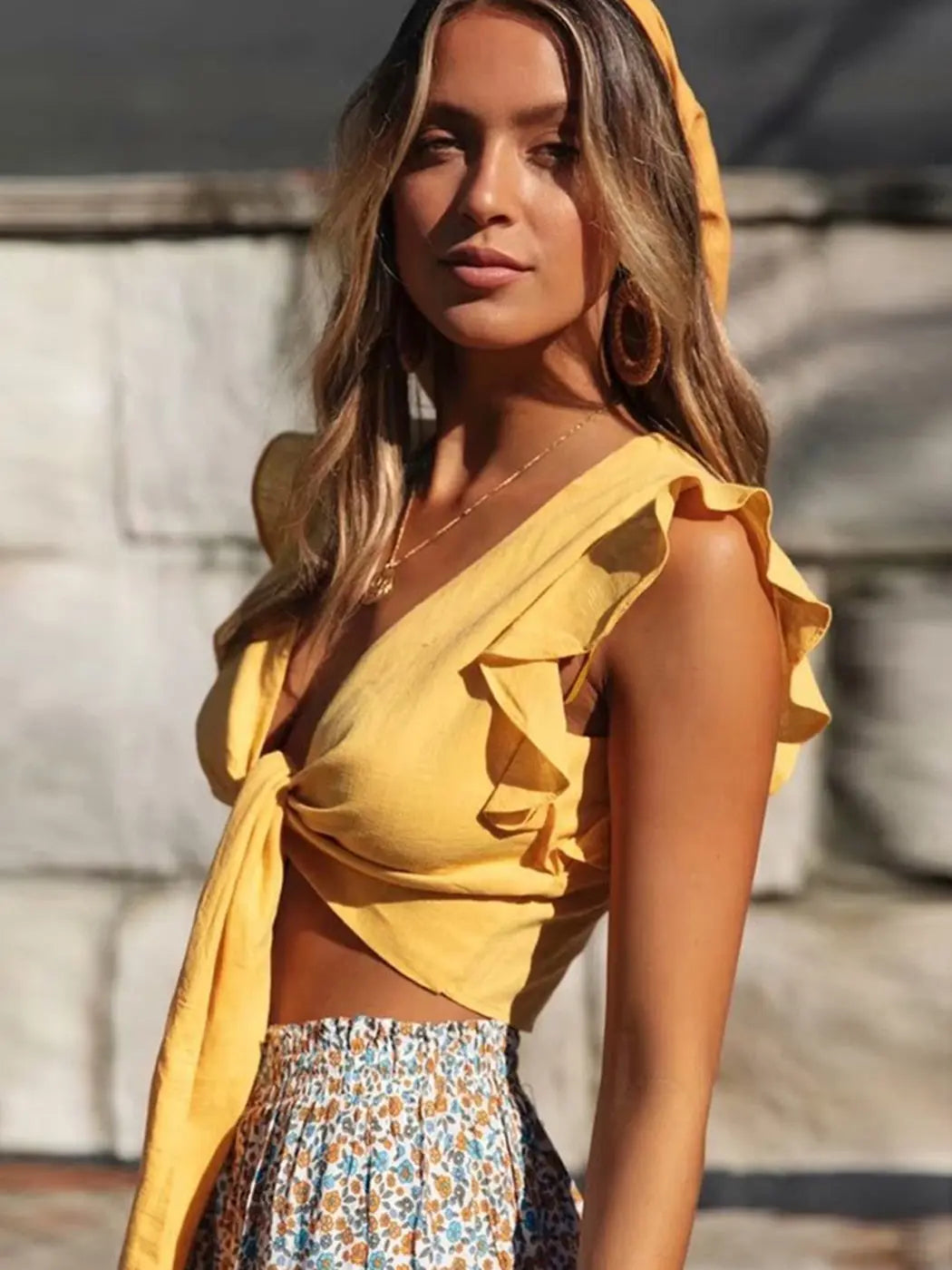 Pydshop Butterfly Sleeve Ruffles Front Knot Crop Top