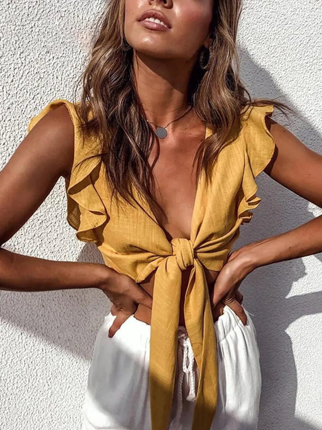 Pydshop Butterfly Sleeve Ruffles Front Knot Crop Top