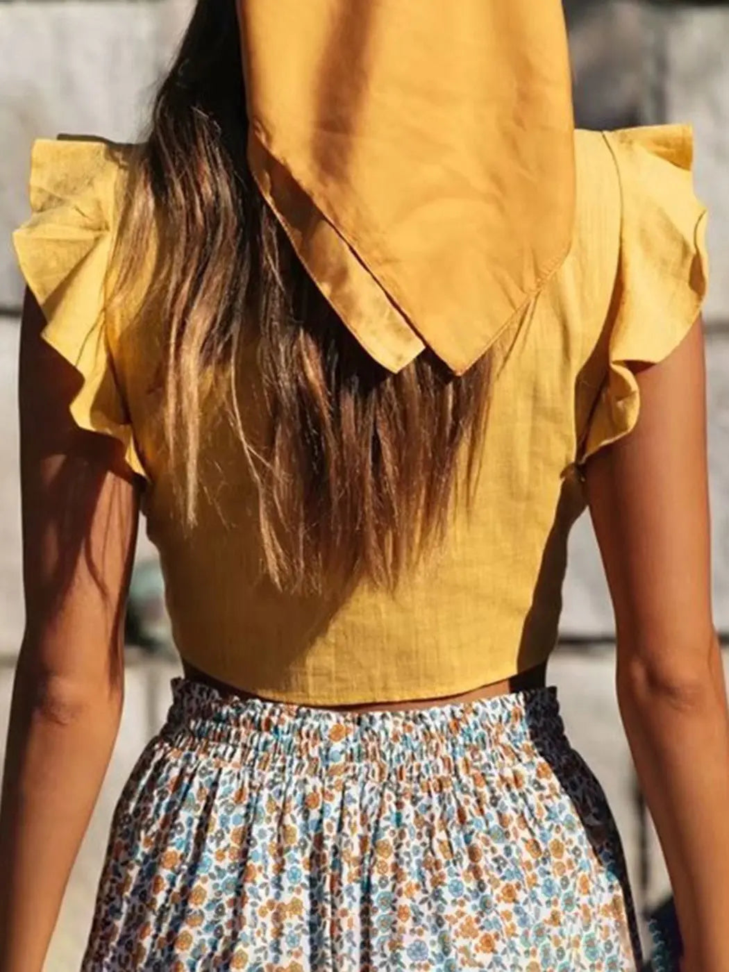 Pydshop Butterfly Sleeve Ruffles Front Knot Crop Top