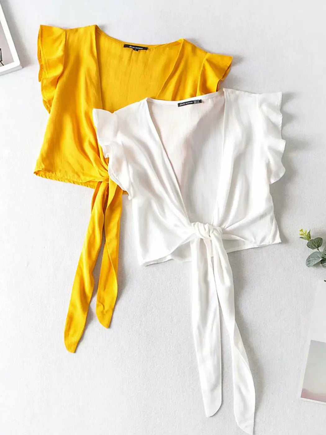 Pydshop Butterfly Sleeve Ruffles Front Knot Crop Top