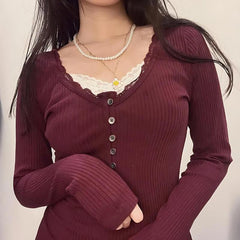 Pydshop Corduroy Lace Trim Top