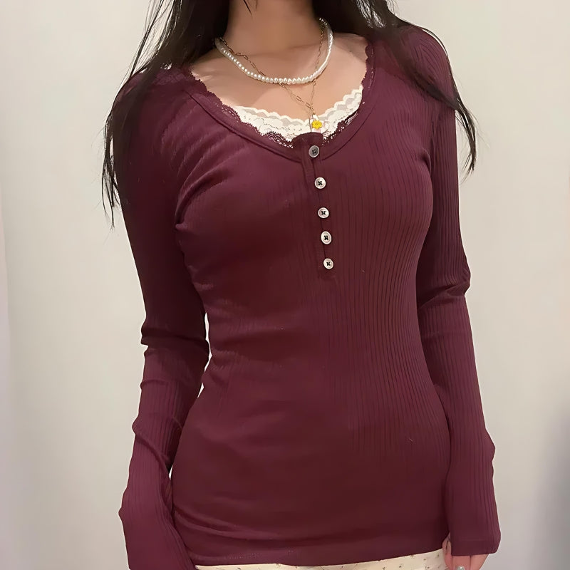 Pydshop Corduroy Lace Trim Top