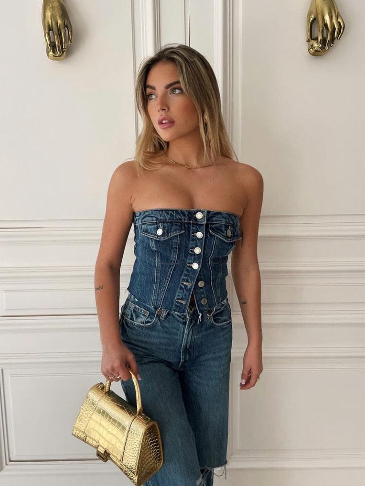 Pydshop Cowgirl Button Up Denim Tube Top