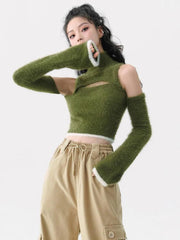 Pydshop Cut Out Fluffy Crop Sweater Top