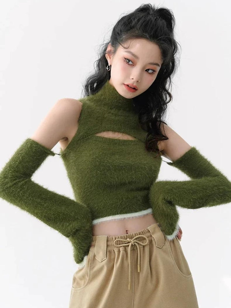 Pydshop Cut Out Fluffy Crop Sweater Top