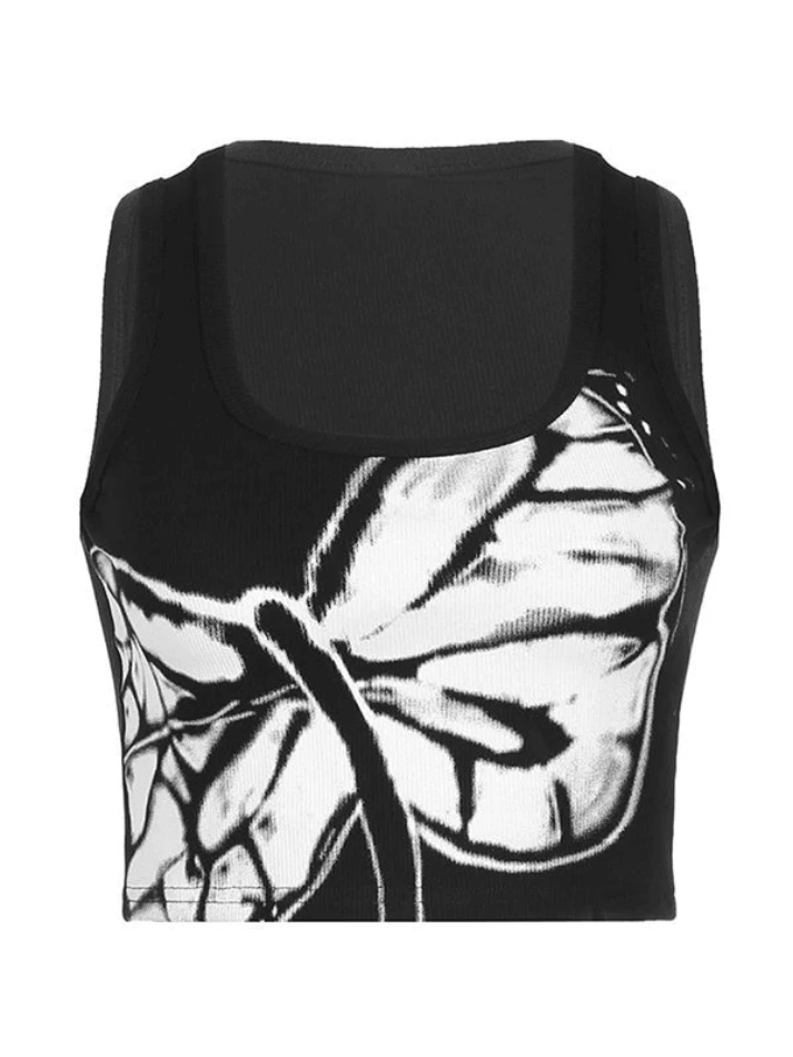 Pydshop Y2K Tank Top Dragonfly Print Ribbed Cropped Tank Top