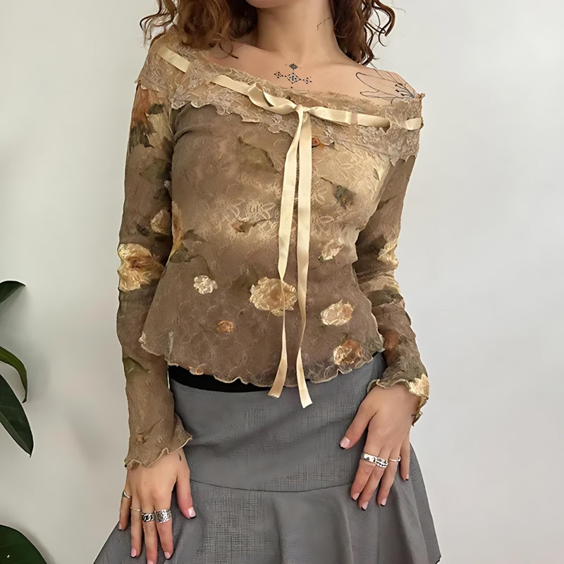 Pydshop Fairy Grunge Floral Off Shoulder Lace Top