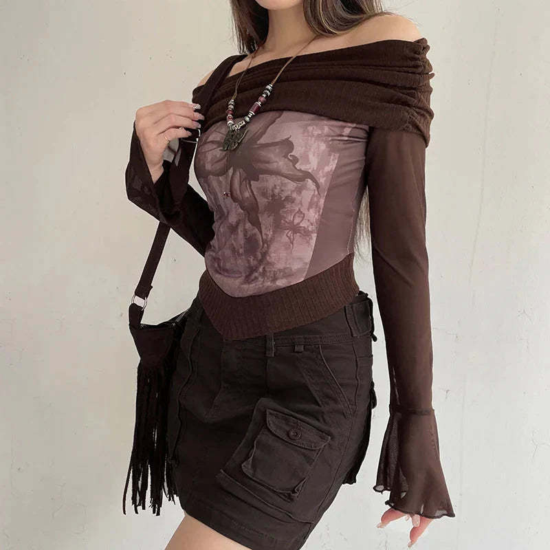 Pydshop Fairycore Butterfly Ruched Off Shoulder Top