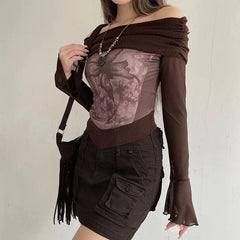 Pydshop Fairycore Butterfly Ruched Off Shoulder Top