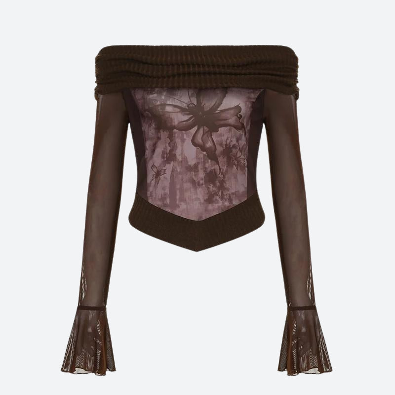 Pydshop Fairycore Butterfly Ruched Off Shoulder Top