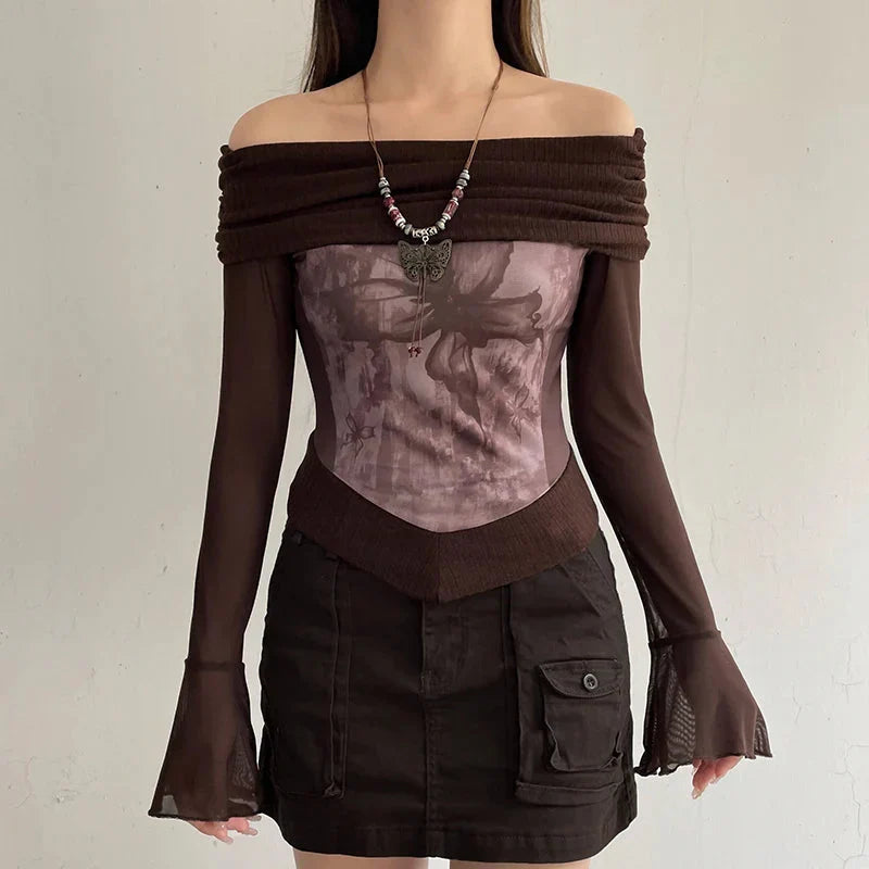 Pydshop Fairycore Butterfly Ruched Off Shoulder Top