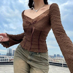 Pydshop Fairycore Lace Detailed Shirred Top