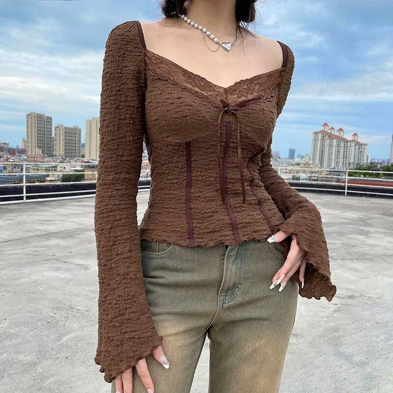 Pydshop Fairycore Lace Detailed Shirred Top