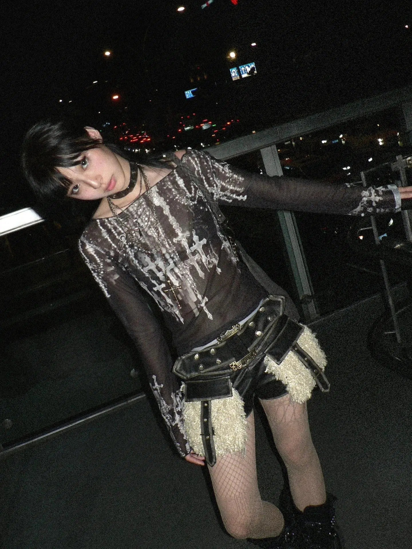Pydshop Grunge Cross Wide Neck Mesh Top