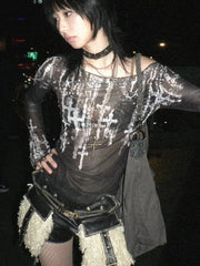 Pydshop Grunge Cross Wide Neck Mesh Top