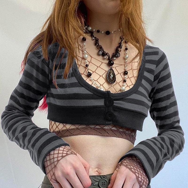 Pydshop Grunge Striped Button-Up Crop Top