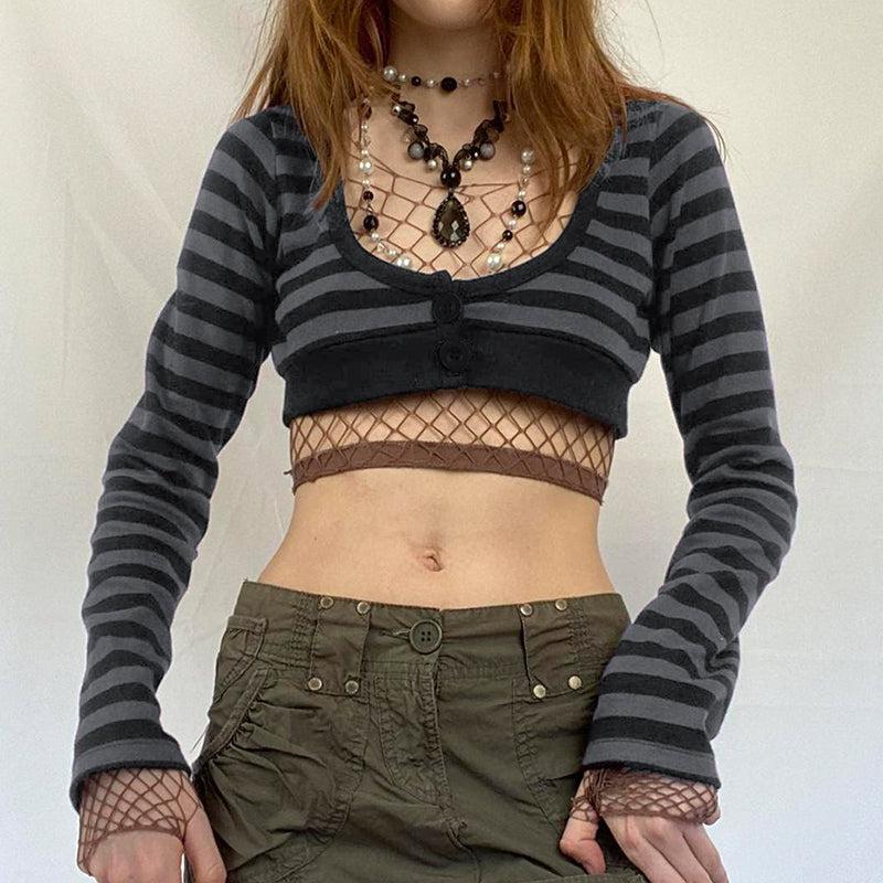 Pydshop Grunge Striped Button-Up Crop Top