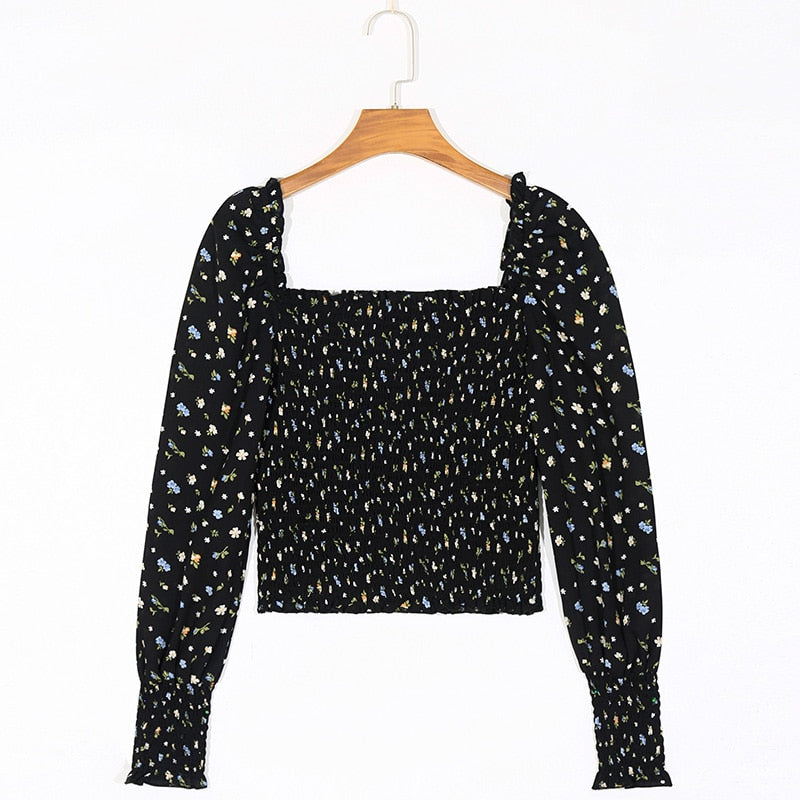 Pydshop Long Sleeve Chiffon Blouse Women Fashion Smocked Vintage Print Floral Top Women Summer Elegant Blouses Woman Top