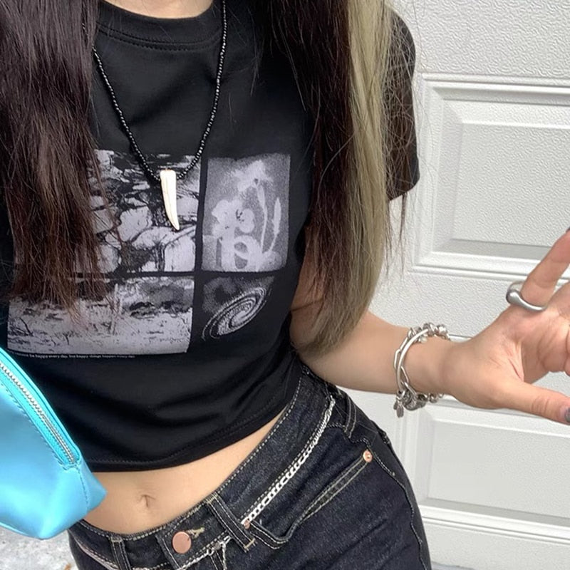 Pydshop 90s Black Goth Harajuku Vintage Grunge Graphic Slim Short Crop Top Streetwear Sexy Summer Harajuku Y2K Punk Casual Women T-Shirt