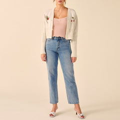 Pydshop Knit Cardigan Crop Top Women V Neck Long Sleeve Cropped Cardigan Sweater 2022 Cute Embroidery Beading Knitted Cardigans Knitwear