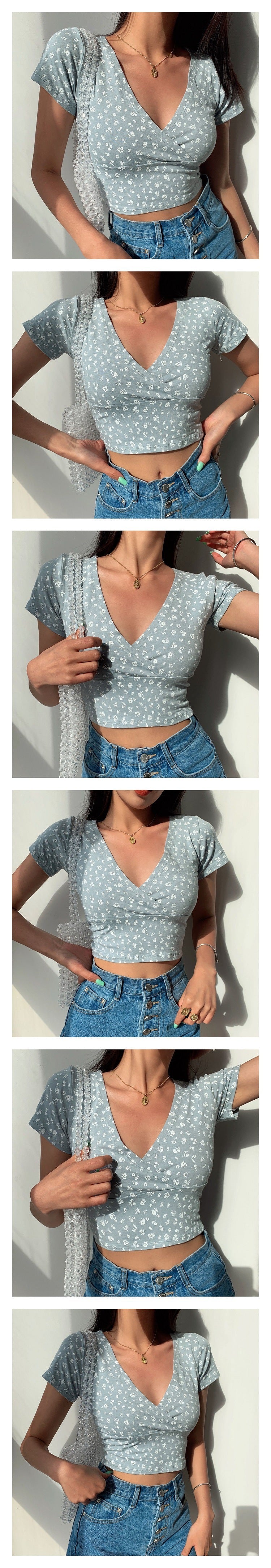 Pydshop Back to college Y2K Vintage Floral Cross Crop Top T-Shirt Women Cropped Slim Short Sleeve V-Neck Sexy Summer Clothes Tee Shirt Femme Woman Tops